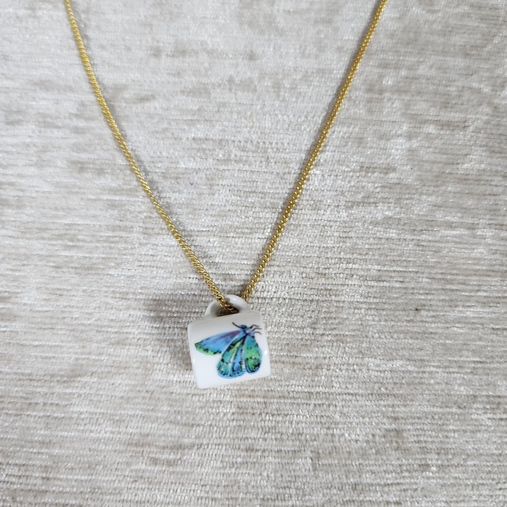 Mini Butterfly Ceramic Coffee Mug Charm Necklace 18" Blue Purple